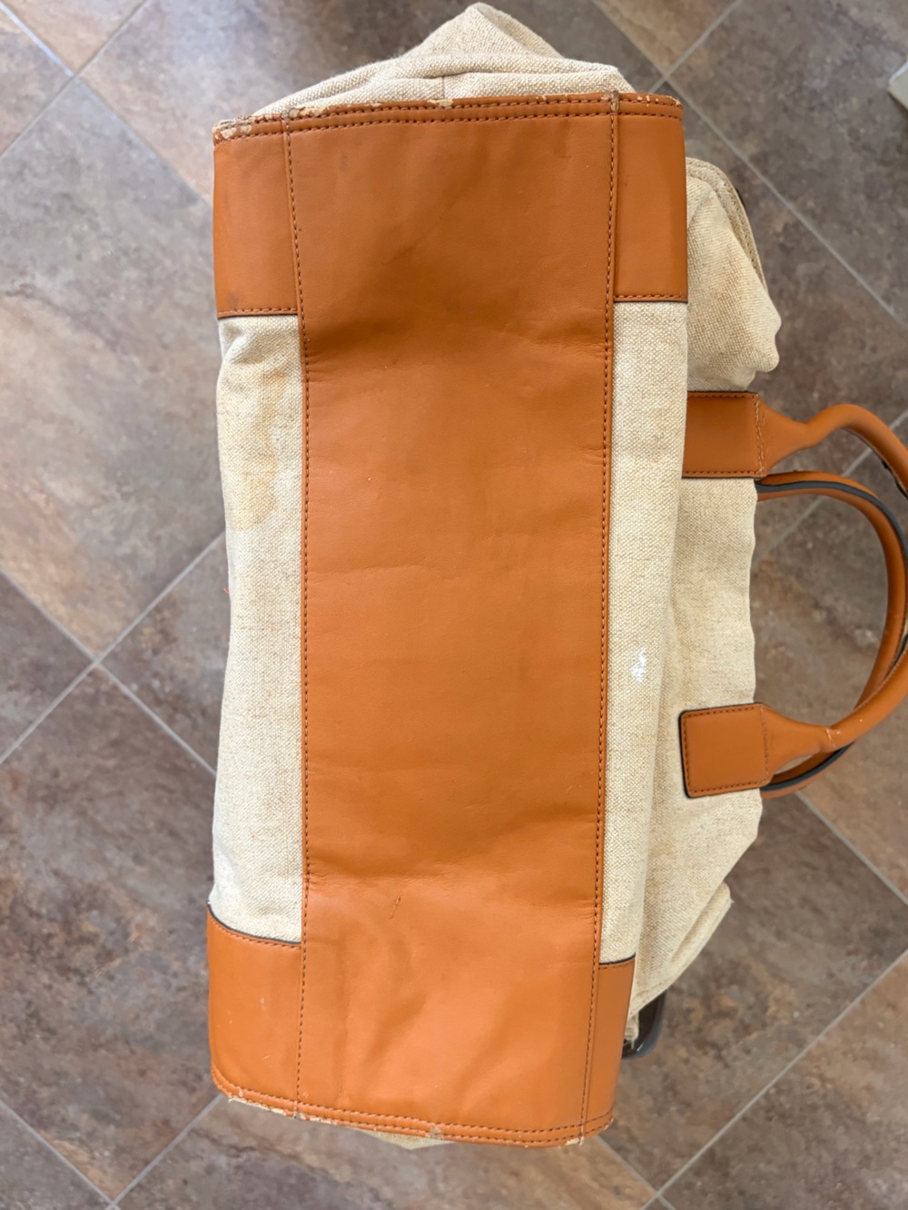 Tory Burch Beige Canvas Tote with Brown Leather Trim and Embroidered Medallion - Picture 15 of 15